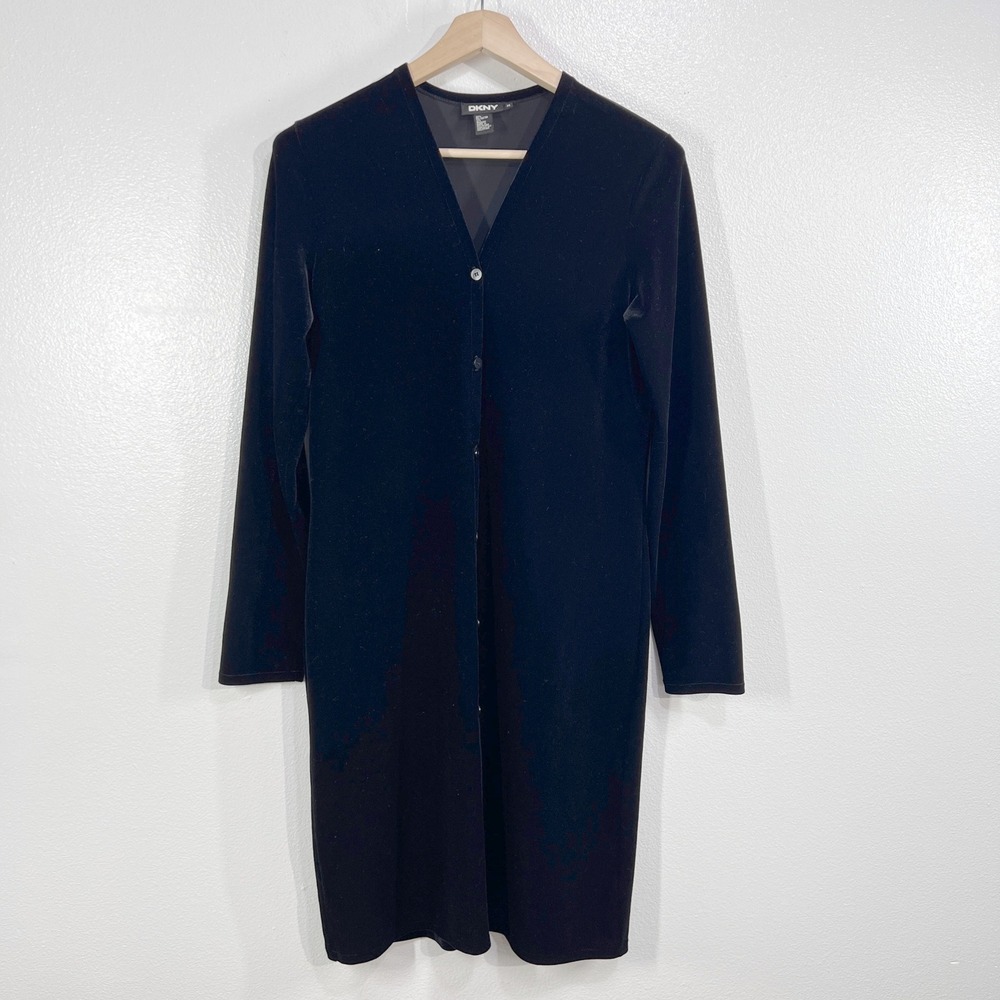 DKNY Velvet Button Front Dress Black Long Sleeve Knee Length Minimalist Medium